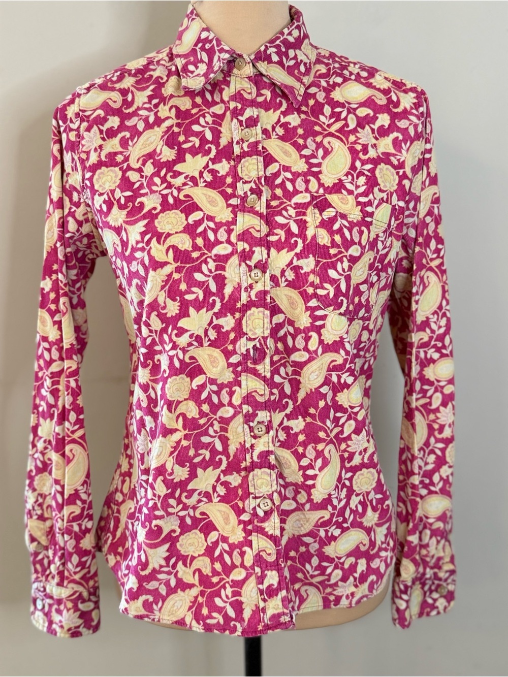 L.L. Bean paisley floral cotton corduroy long sleeve button up yellow pink XS